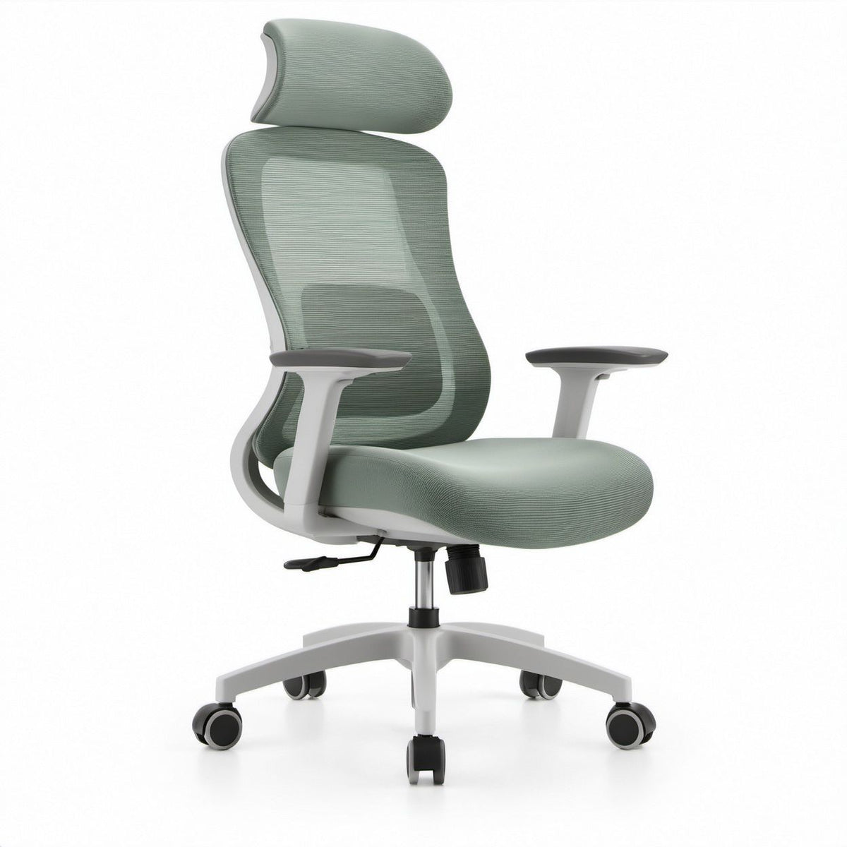 Ergonomiczny fotel biurowy obrotowy z regulowanym zagłówkiem, jasnozielony, 66 × 66 × 116–126 cm