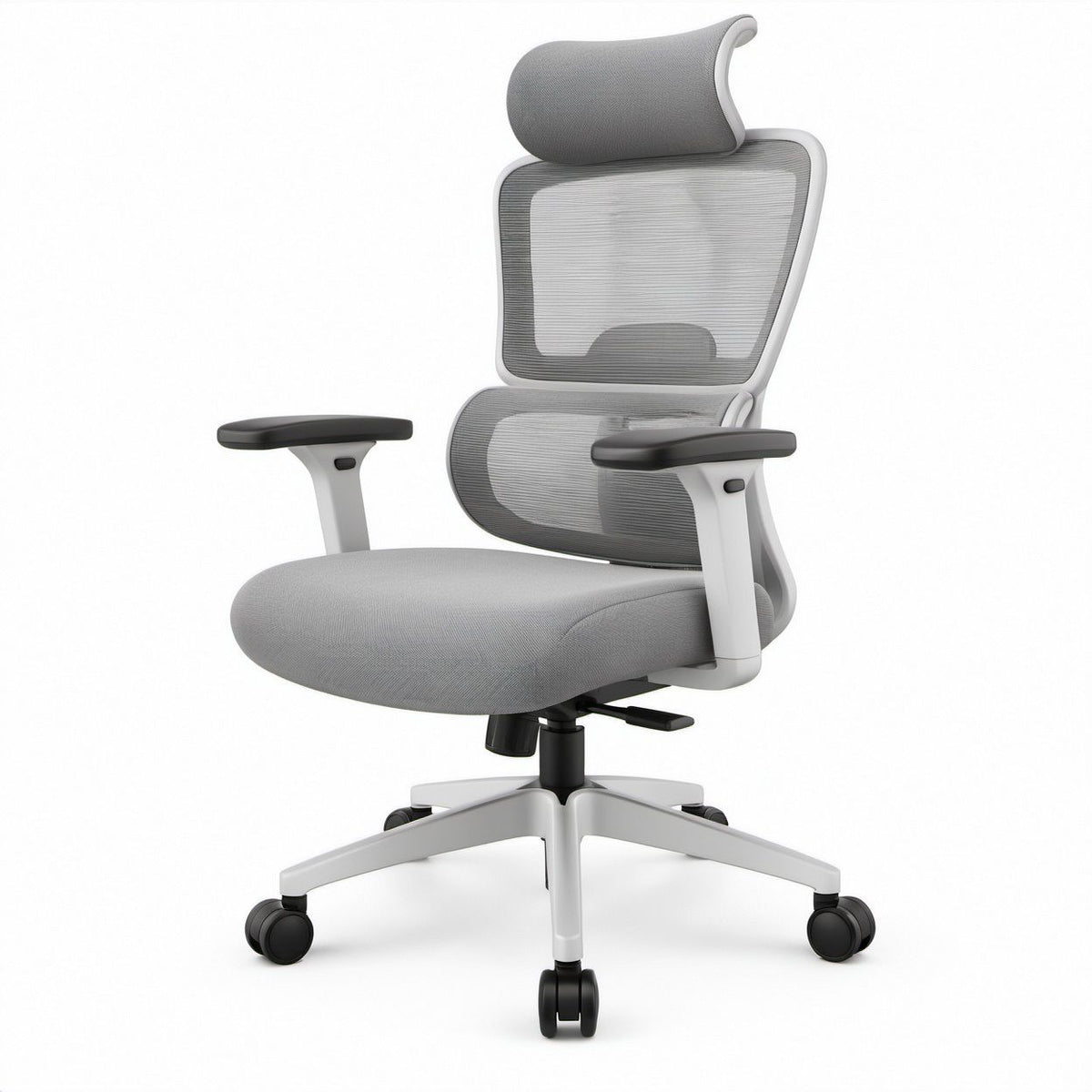 Ergonomiczne krzesło obrotowe szaro-białe z czarnymi elementami, zagłówkiem i regulacją wysokości, 65 x 65 x 118–128 cm