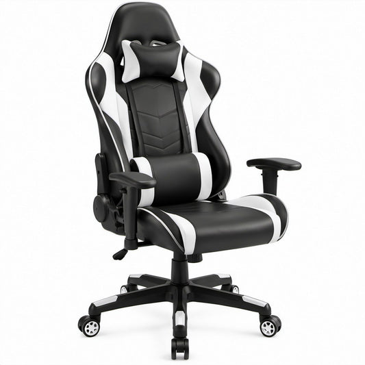 Obrotowy fotel gamingowy ze skóry syntetycznej PU czarno-biały 65 x 65 x 125–135 cm