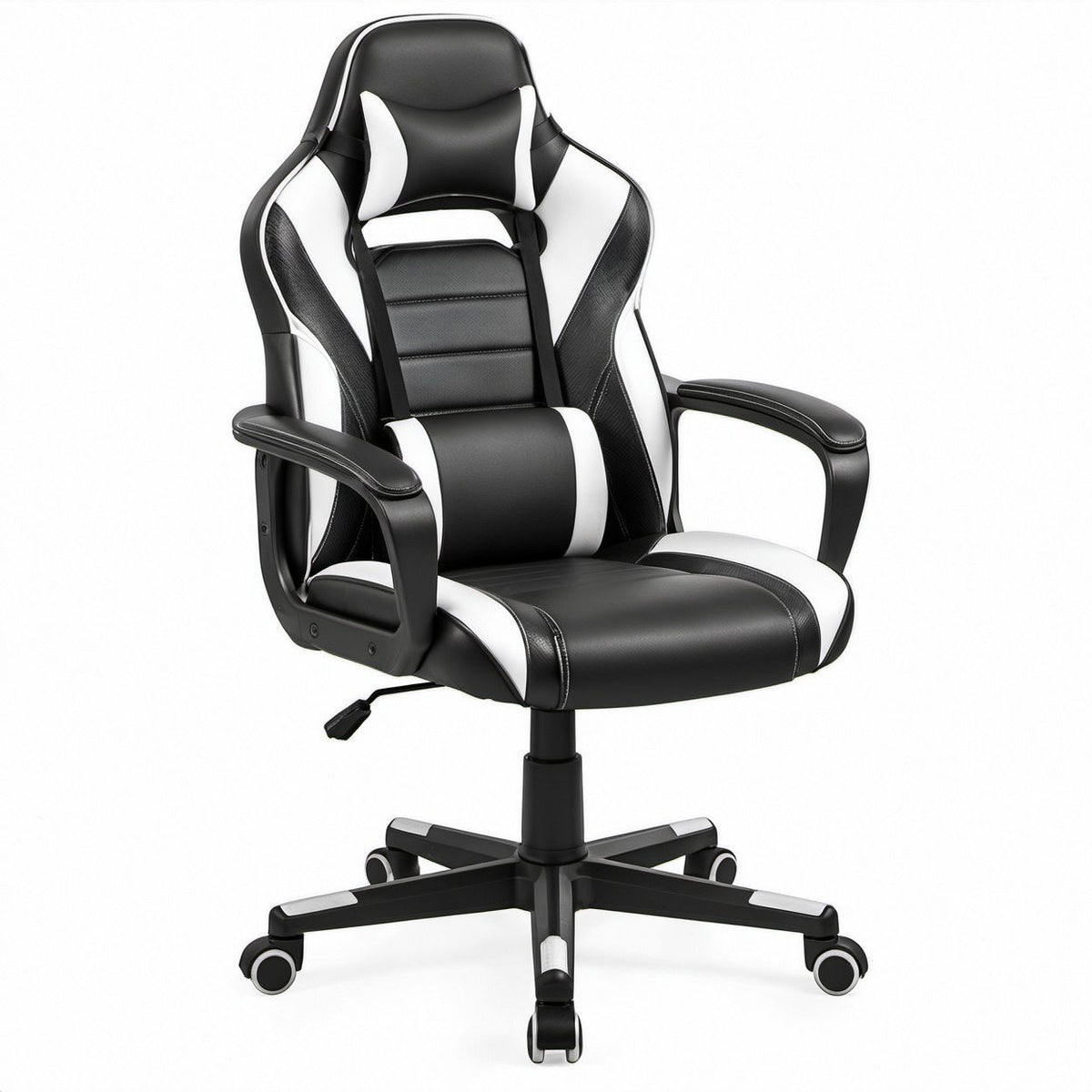 Obrotowy fotel gamingowy czarno-biały z ekoskóry PU, 62 x 64 x 117–127 cm