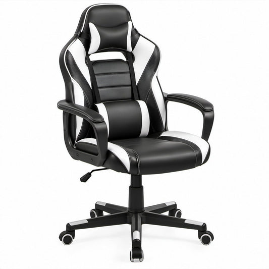 Obrotowy fotel gamingowy czarno-biały z ekoskóry PU, 62 x 64 x 117–127 cm