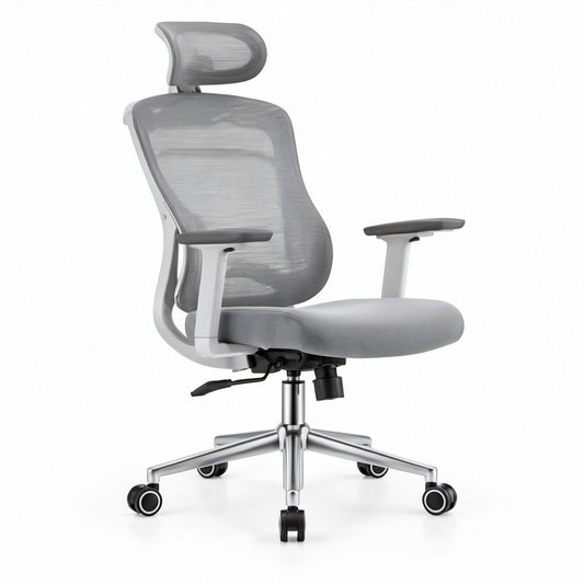 Ergonomiczny fotel biurowy obrotowy z siatkowym oparciem i zagłówkiem, szary/srebrny/czarny, 66 x 66 x 116–126 cm