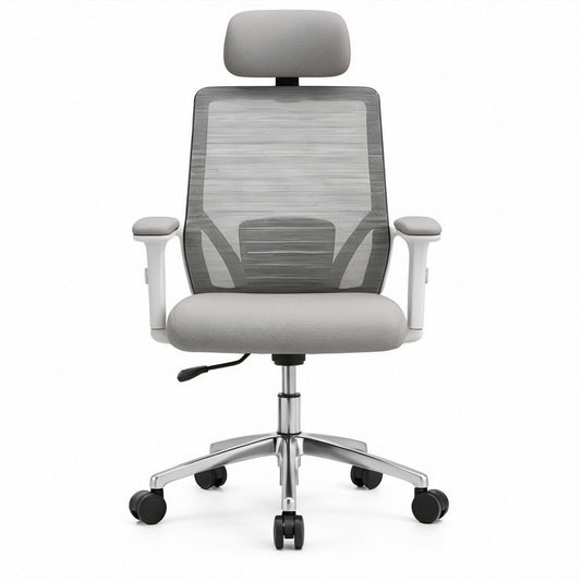 Ergonomiczne krzesło biurowe obrotowe z zagłówkiem, szare, 64 x 64 x 118–128 cm