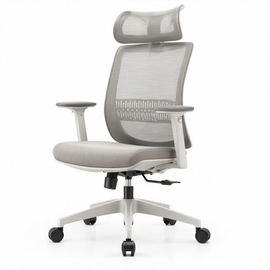 Ergonomiczne krzesło obrotowe z siatkowym oparciem i zagłówkiem, jasnoszare/białe/czarne, 65 x 65 x 118–128 cm