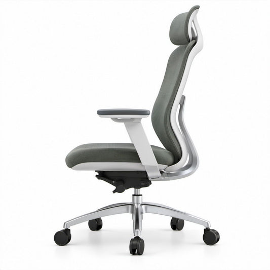 Ergonomiczne krzesło biurowe obrotowe z regulowanym zagłówkiem, szaro-białe, 66 x 66 x 116–126 cm