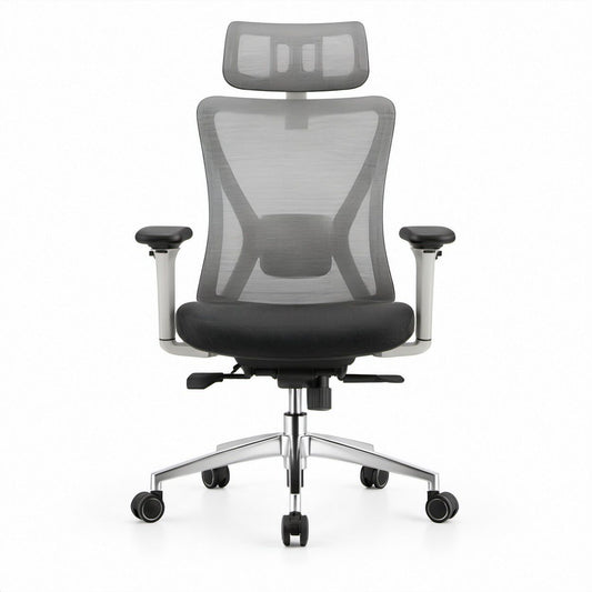 Ergonomiczne krzesło biurowe obrotowe z regulowanym zagłówkiem, szare/czarne, 66 x 66 x 118–128 cm